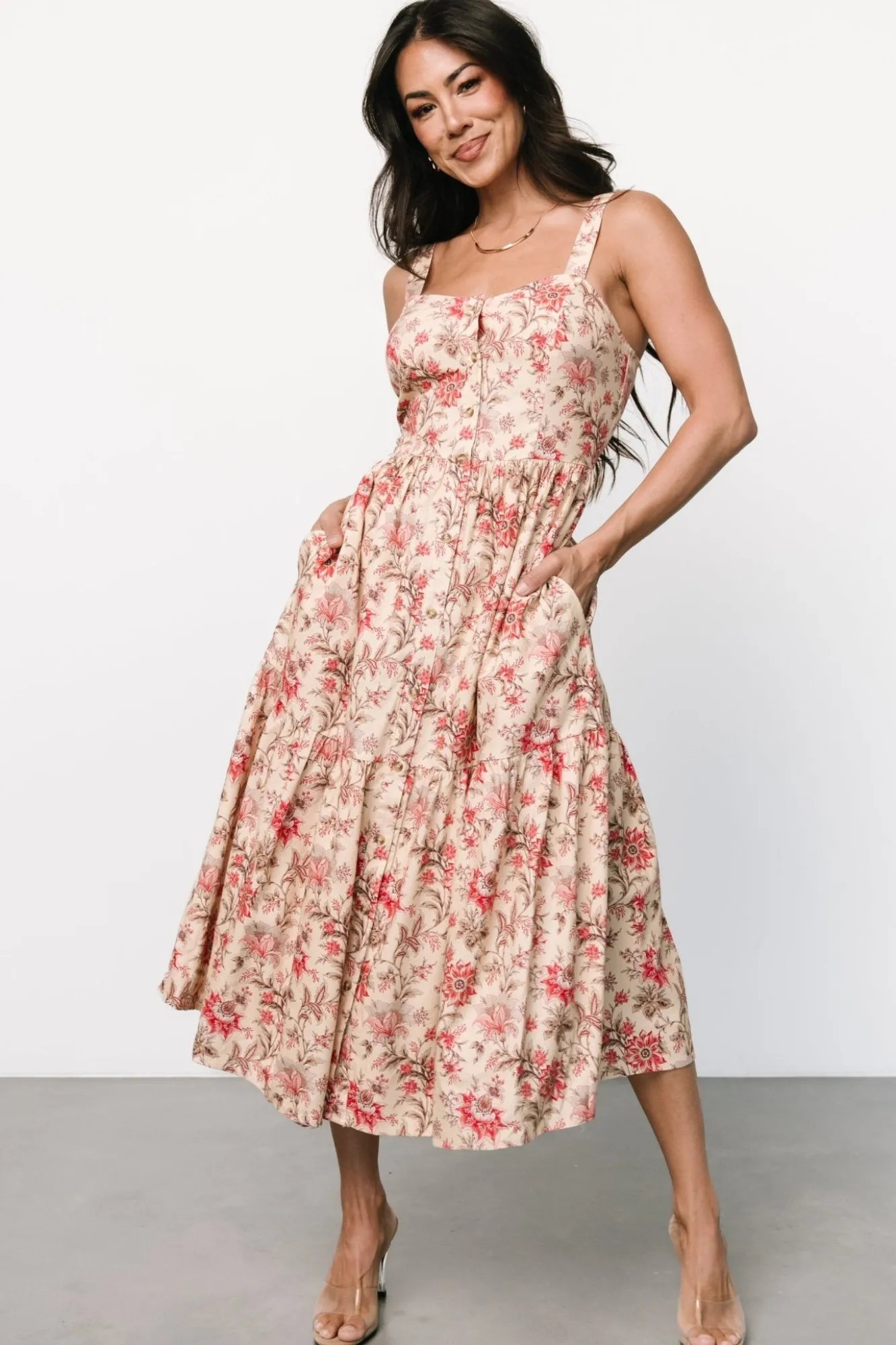 Baltic Born Jules Button Midi Dress | Cream + Pink