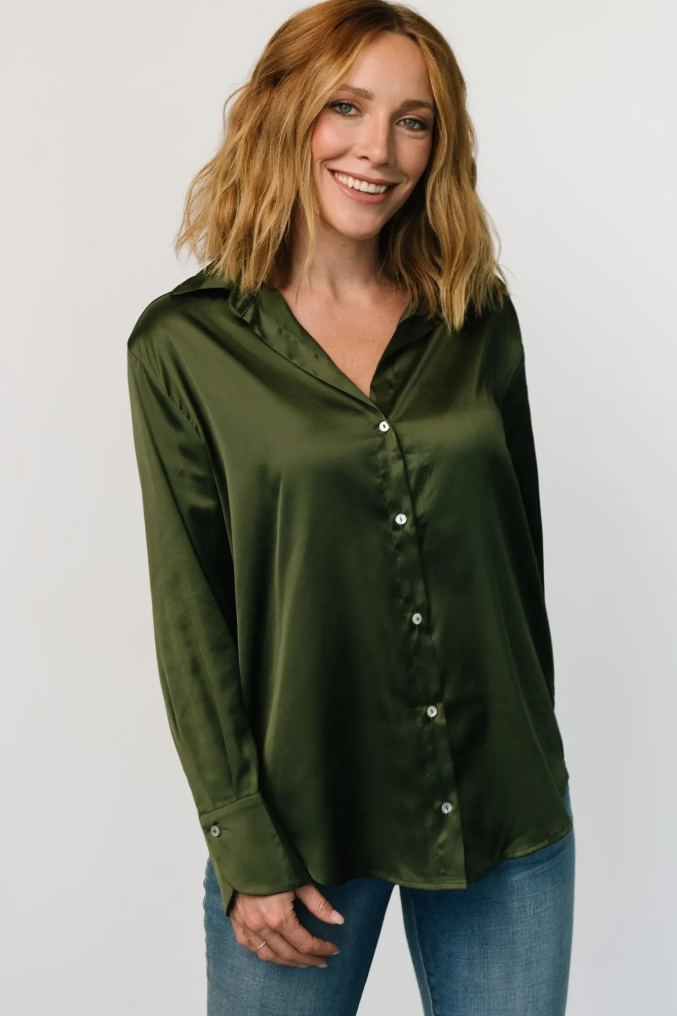 Baltic Born Kacey Satin Button Up Top | Dark Green