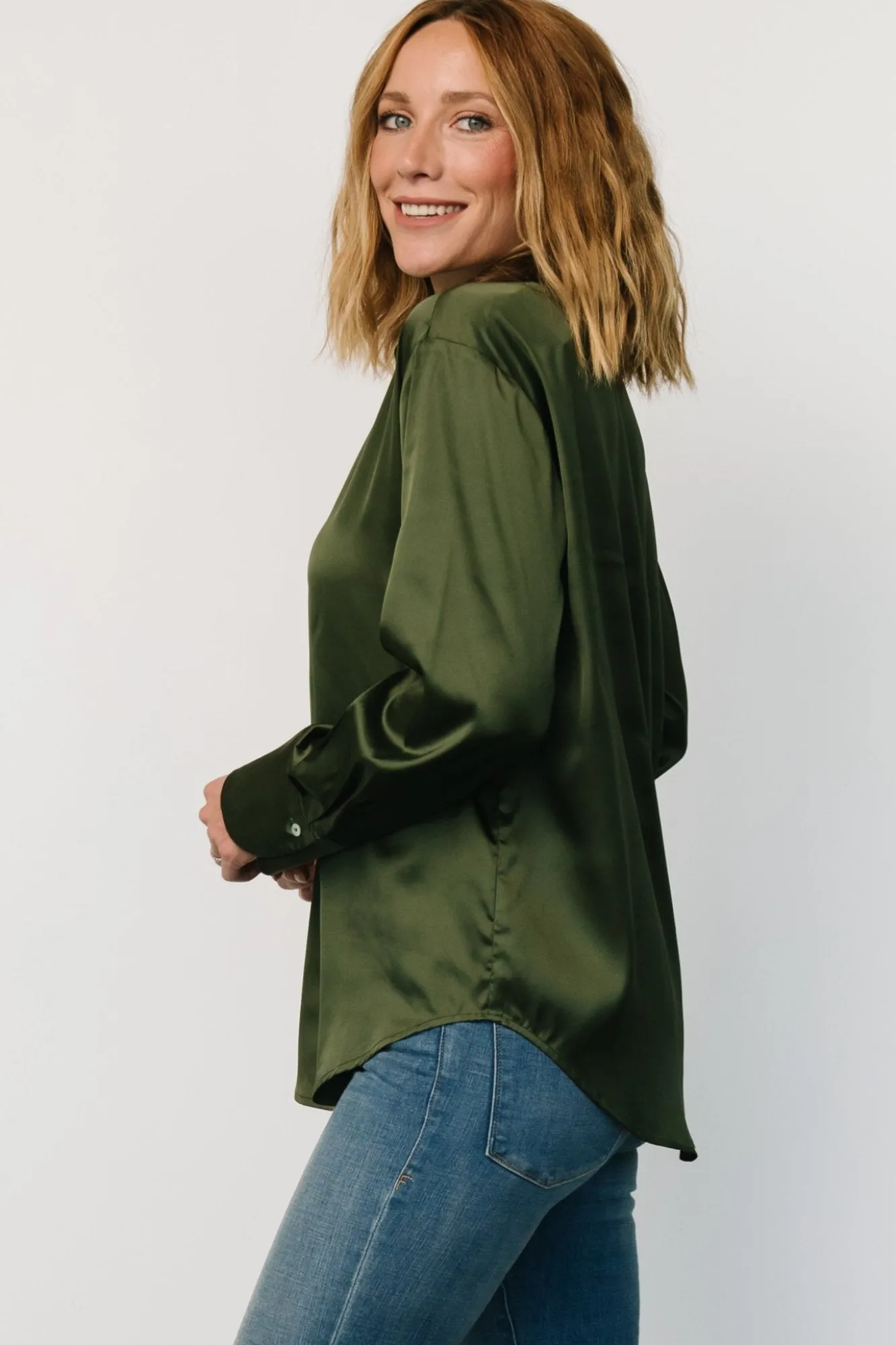 Baltic Born Kacey Satin Button Up Top | Dark Green