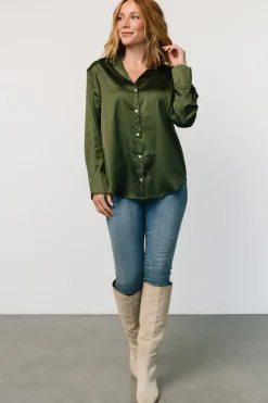 Baltic Born Kacey Satin Button Up Top | Dark Green