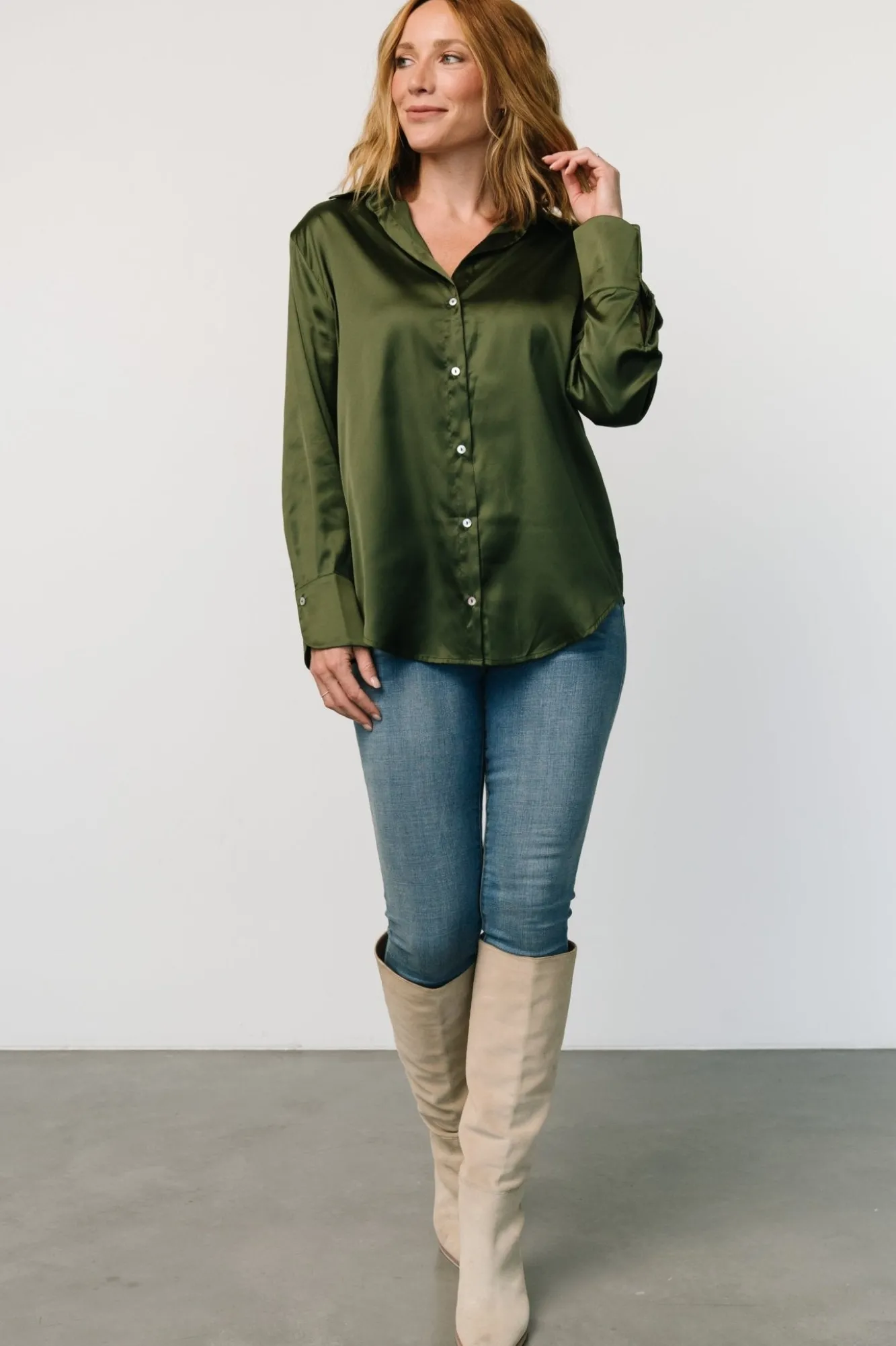Baltic Born Kacey Satin Button Up Top | Dark Green