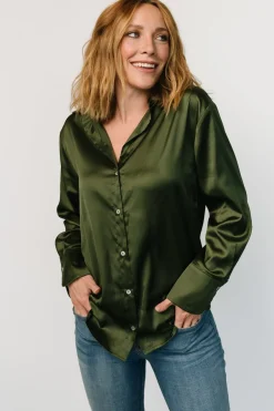 Baltic Born Kacey Satin Button Up Top | Dark Green