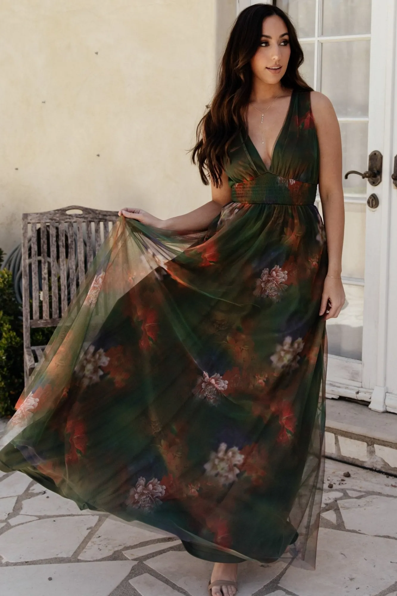 Baltic Born Kamila Tulle Maxi Dress | Olive Multi Floral