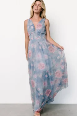 Baltic Born Kamila Tulle Maxi Dress | Light Blue + Pink Floral