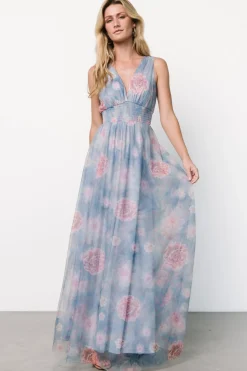 Baltic Born Kamila Tulle Maxi Dress | Light Blue + Pink Floral