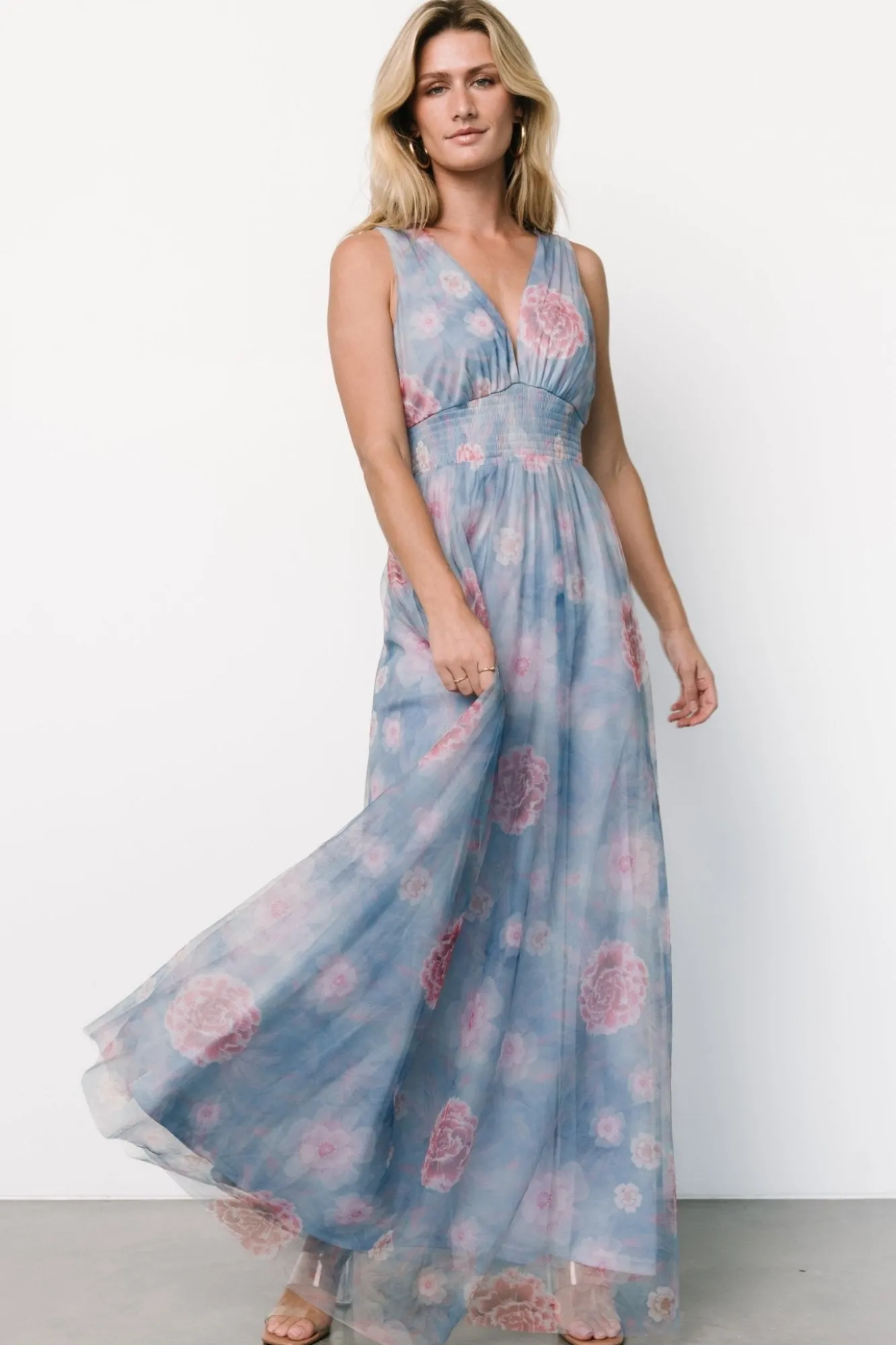 Baltic Born Kamila Tulle Maxi Dress | Light Blue + Pink Floral