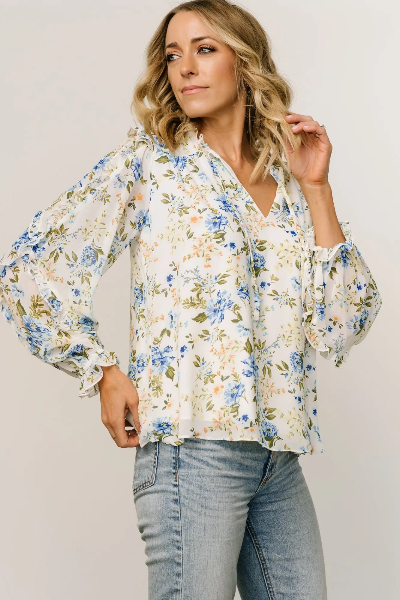 Baltic Born Karlie Long Sleeve Ruffle Top | Blue Floral