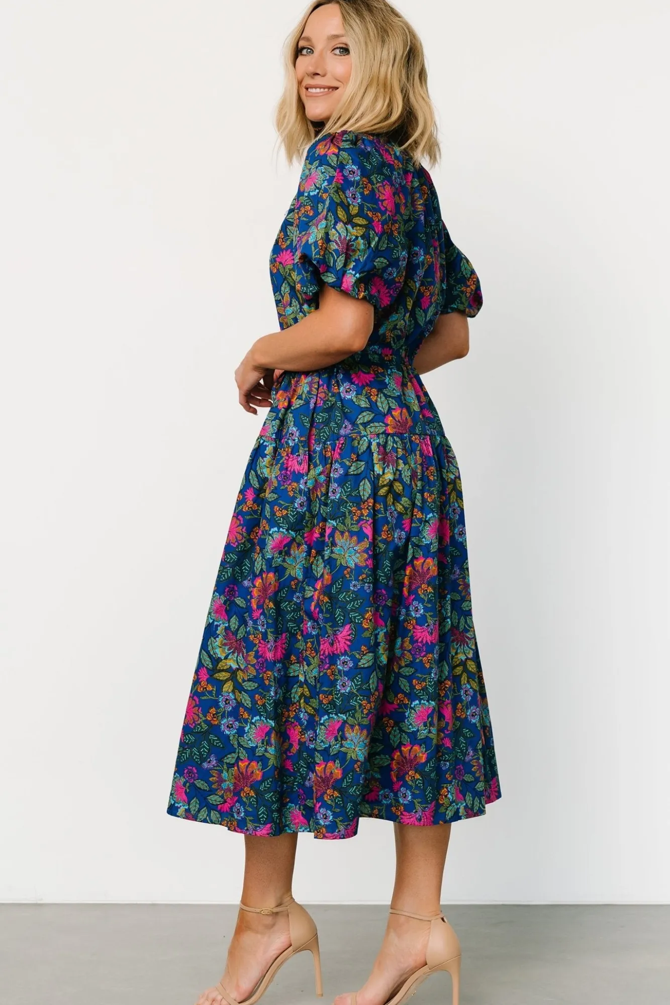 Baltic Born Karol Puff Sleeve Midi Dress | Blue Multi