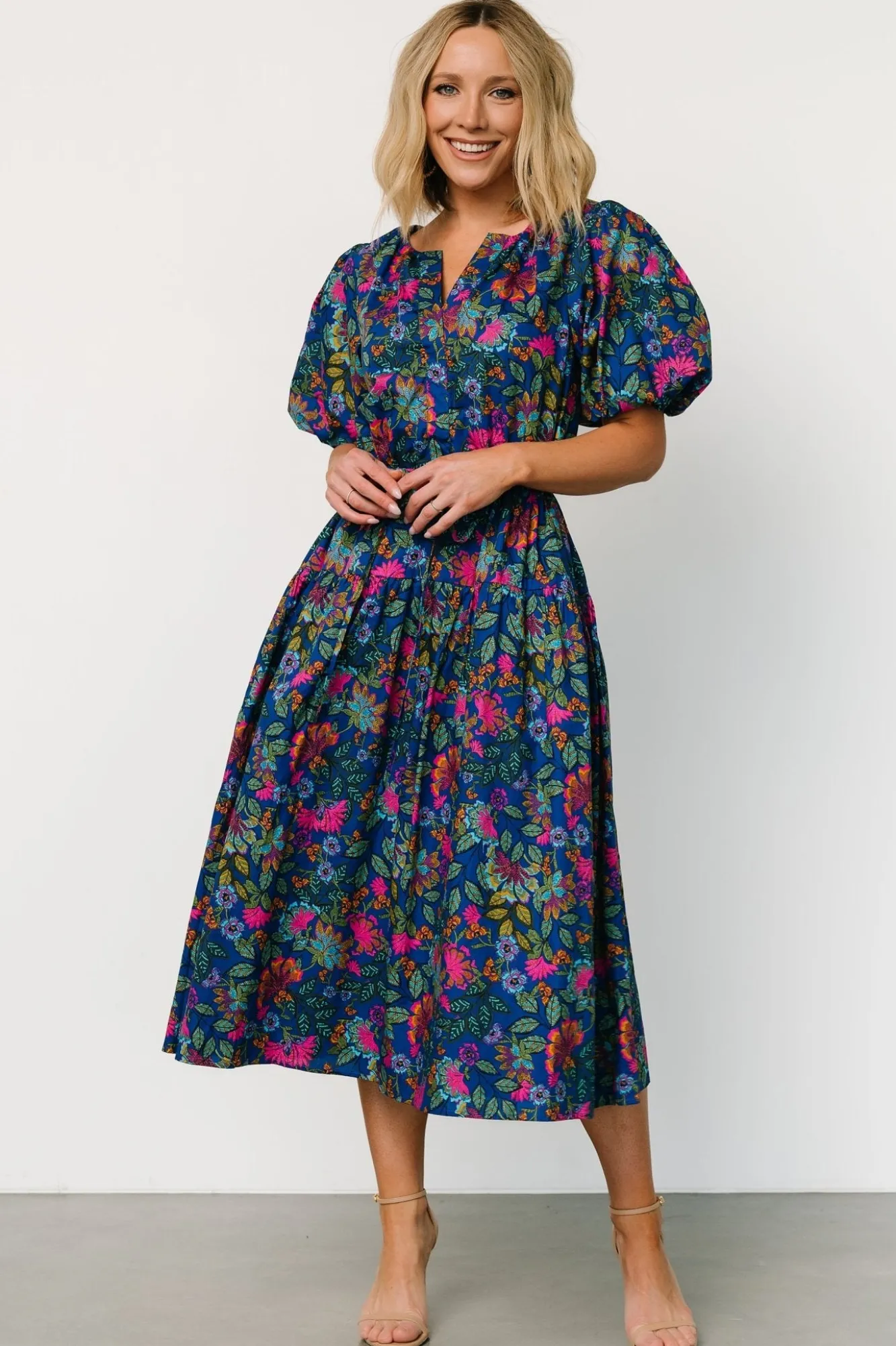 Baltic Born Karol Puff Sleeve Midi Dress | Blue Multi