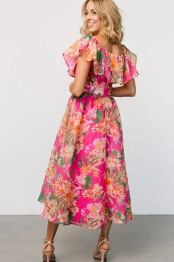 Baltic Born Kartini Off Shoulder Midi Dress | Fuchsia Multi