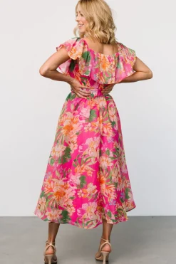 Baltic Born Kartini Off Shoulder Midi Dress | Fuchsia Multi