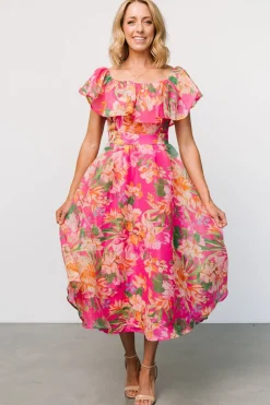 Baltic Born Kartini Off Shoulder Midi Dress | Fuchsia Multi