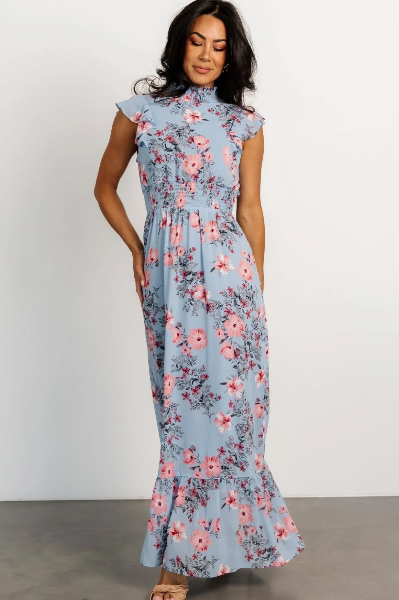 Baltic Born Kearny Ruffle Maxi Dress | Light Blue + Blush