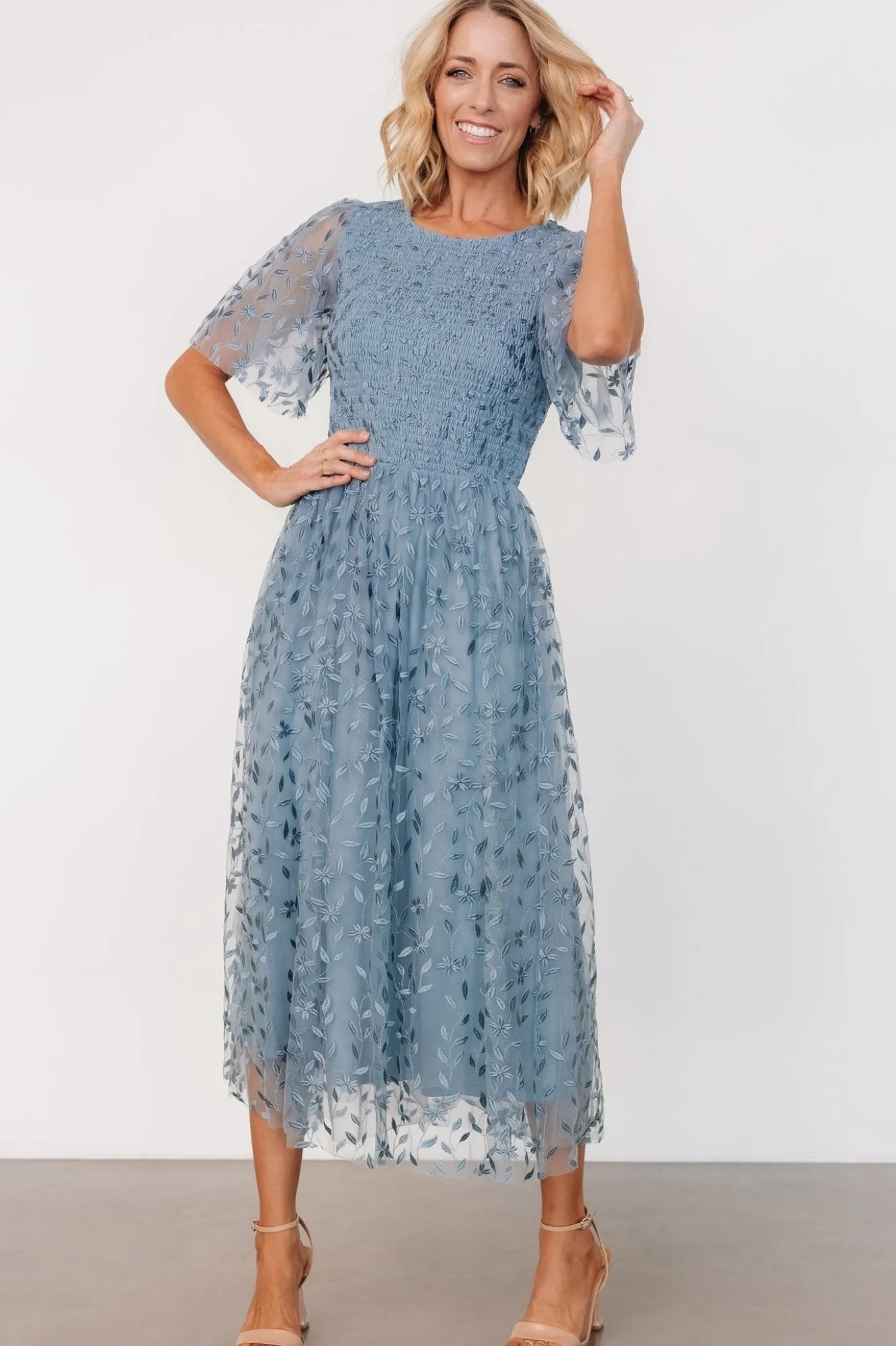 Baltic Born Kendra Embroidered Dress | Dusty Blue