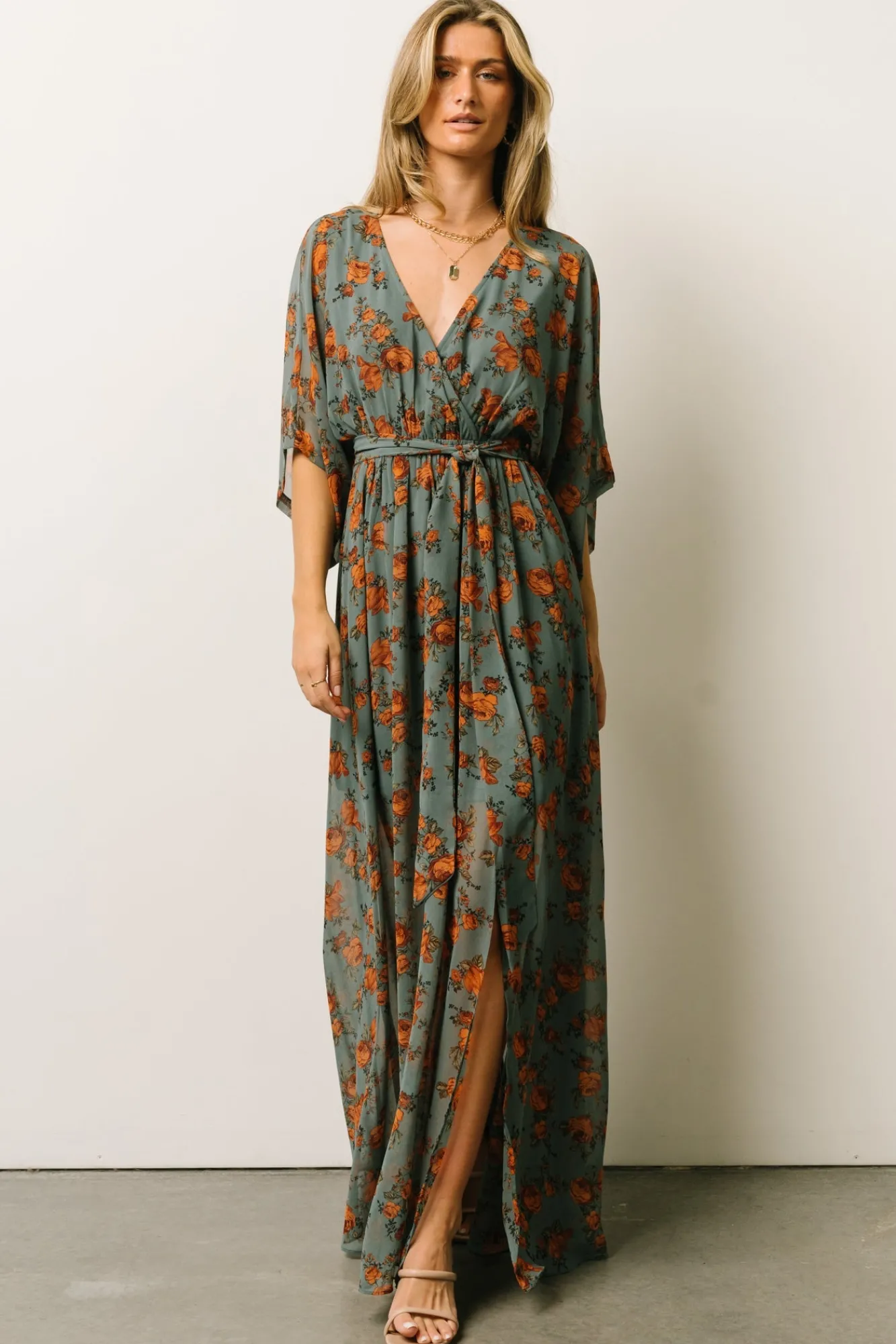 Baltic Born Kia Kimono Maxi Dress | Dusty Blue Floral