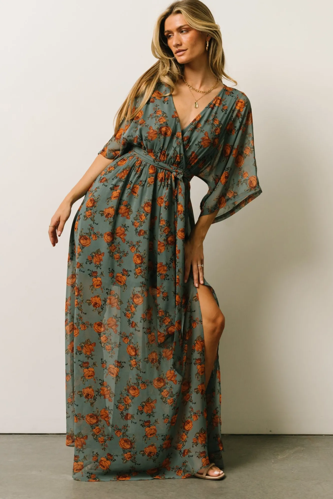 Baltic Born Kia Kimono Maxi Dress | Dusty Blue Floral