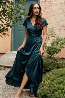 Baltic Born Krystal Satin Wrap Gown | Deep Blue