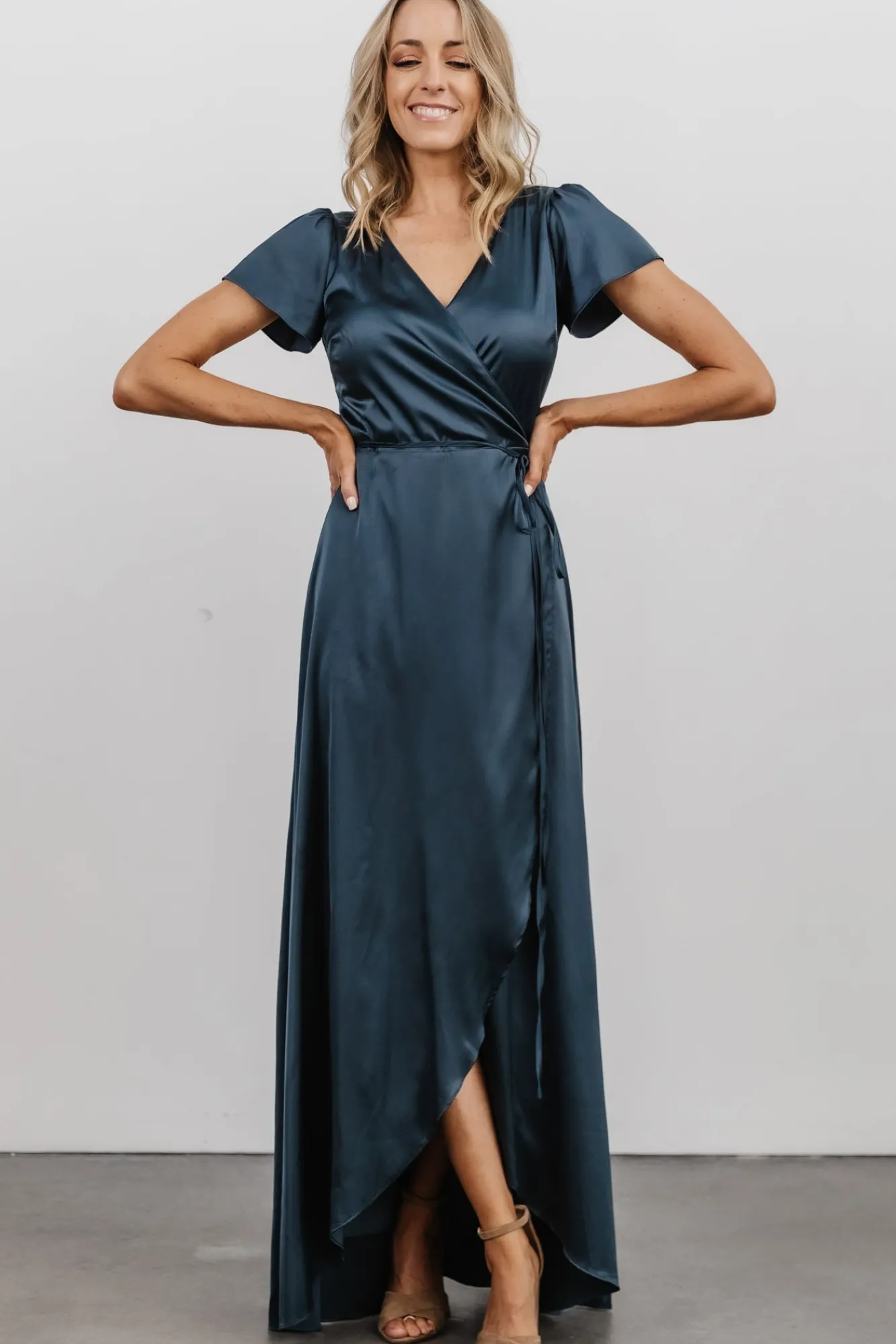 Baltic Born Krystal Satin Wrap Gown | Deep Blue