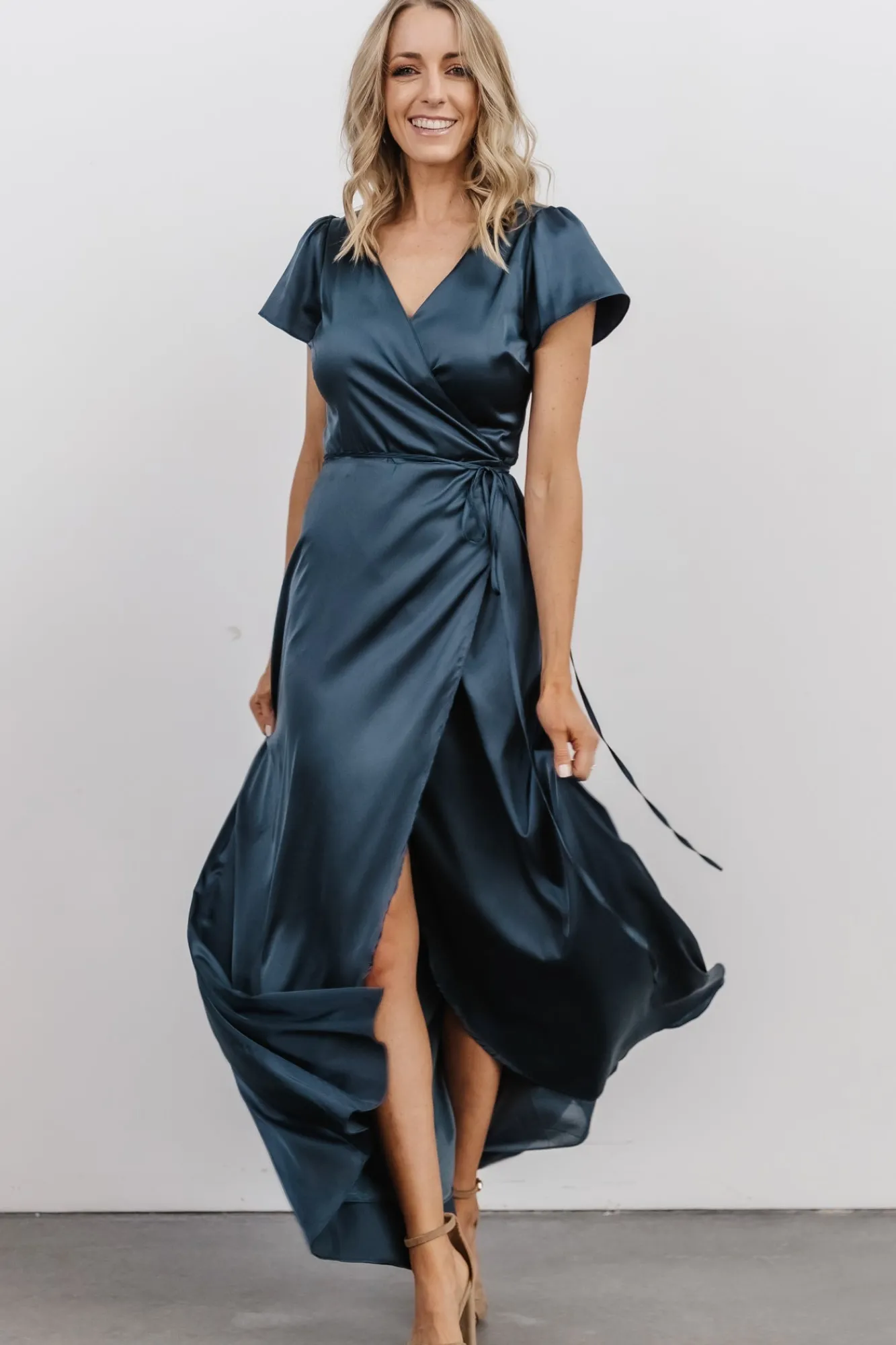 Baltic Born Krystal Satin Wrap Gown | Deep Blue