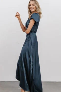 Baltic Born Krystal Satin Wrap Gown | Deep Blue