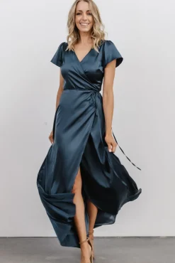 Baltic Born Krystal Satin Wrap Gown | Deep Blue