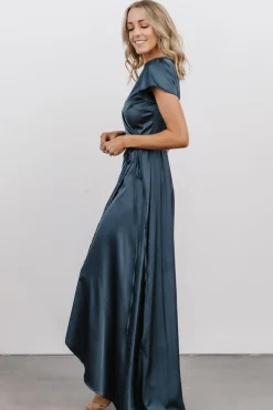 Baltic Born Krystal Satin Wrap Gown | Deep Blue