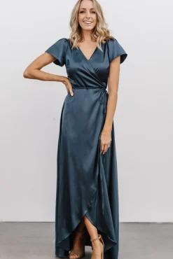 Baltic Born Krystal Satin Wrap Gown | Deep Blue