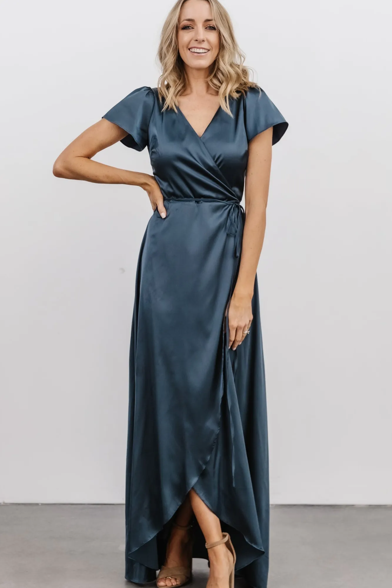 Baltic Born Krystal Satin Wrap Gown | Deep Blue