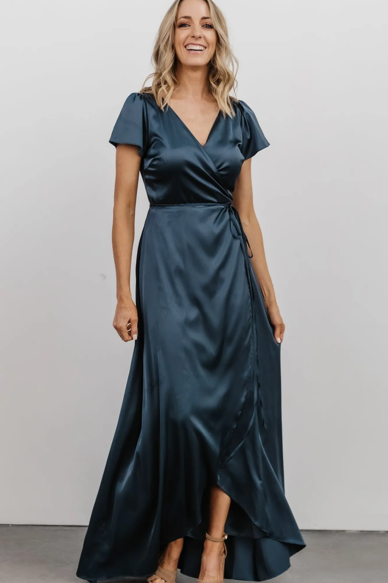 Baltic Born Krystal Satin Wrap Gown | Deep Blue