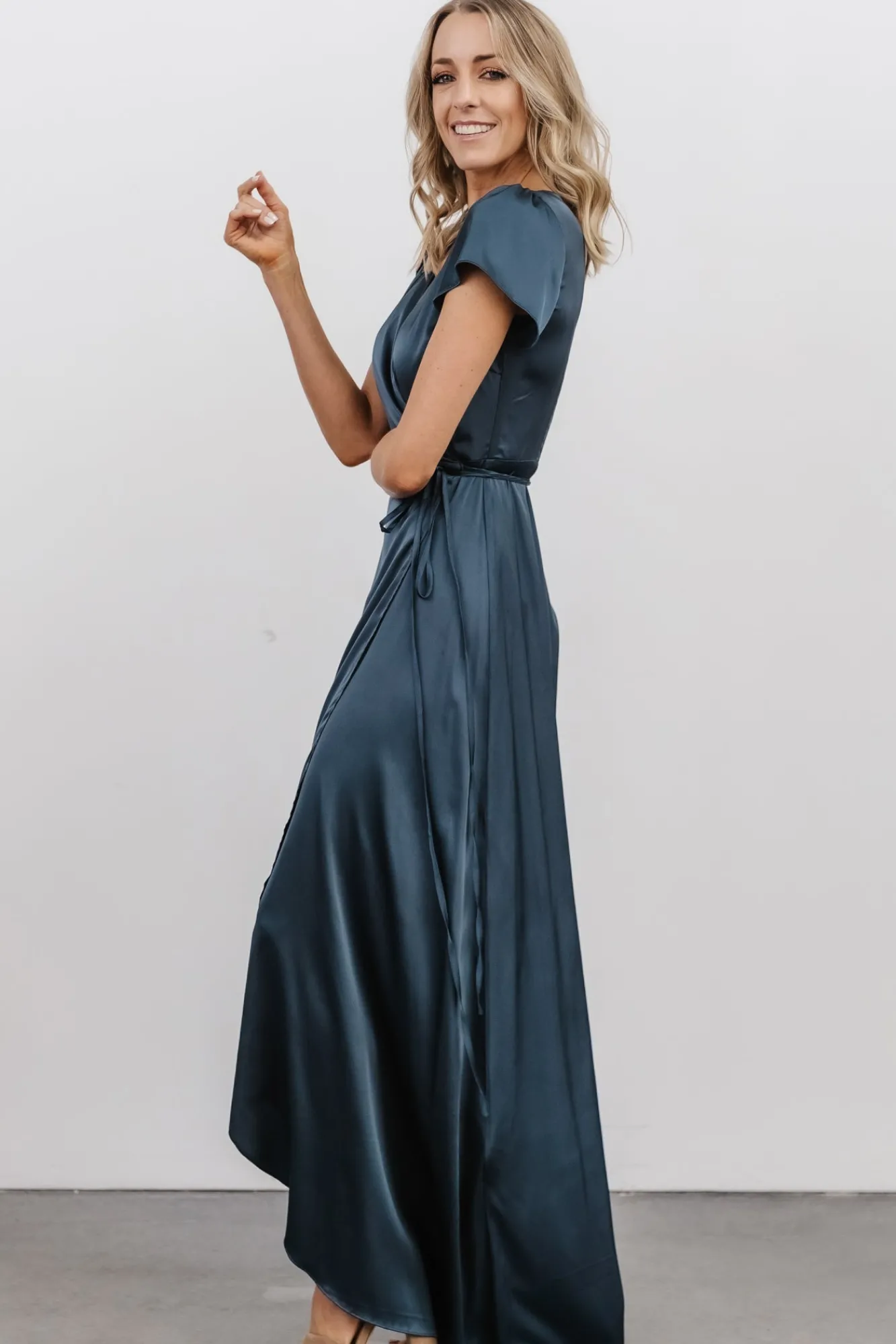 Baltic Born Krystal Satin Wrap Gown | Deep Blue