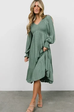 Baltic Born Lainey Smocked Dotted Midi Dress | Dark Sage