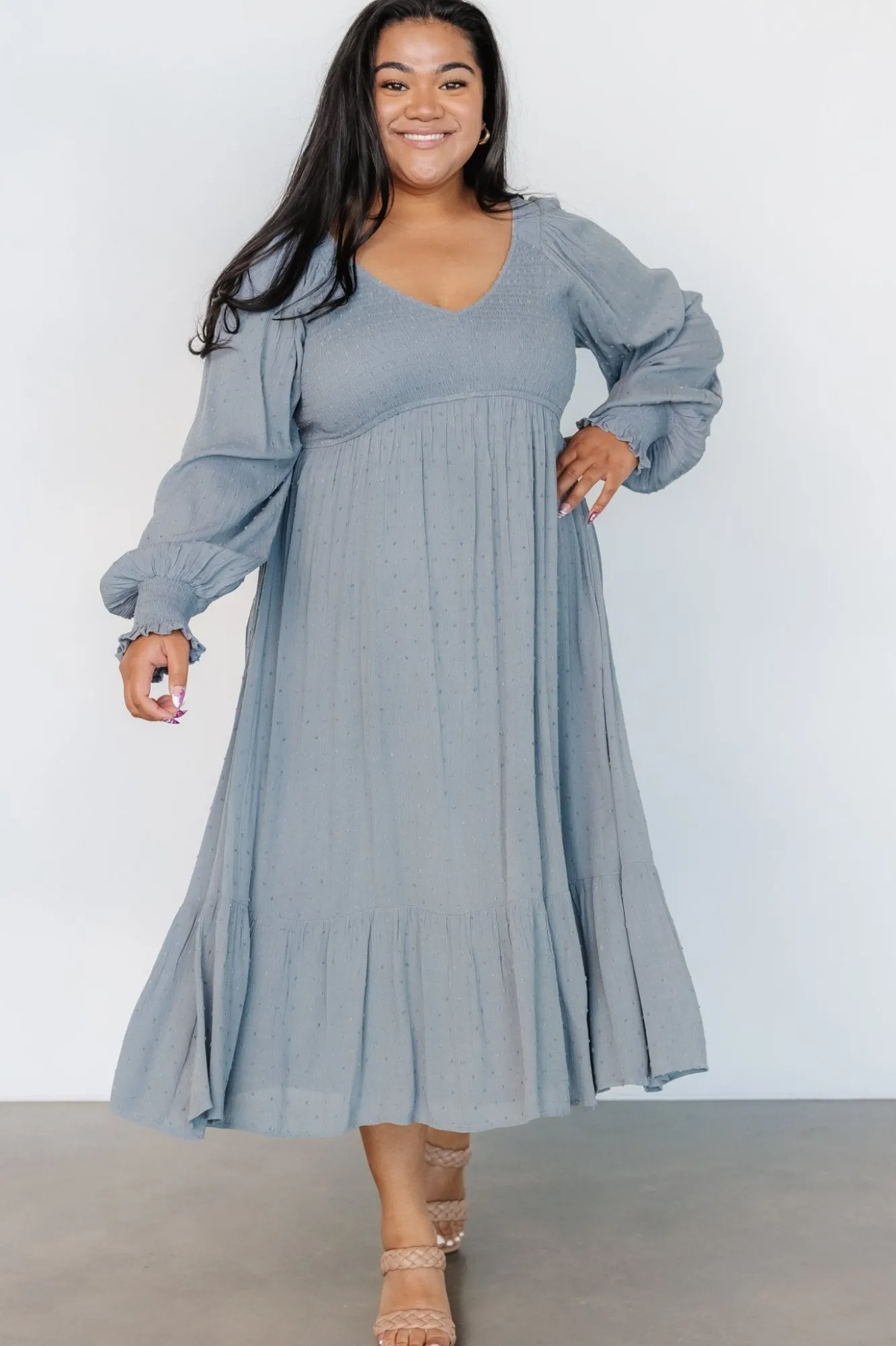 Baltic Born Lainey Smocked Dotted Midi Dress | Dusty Blue