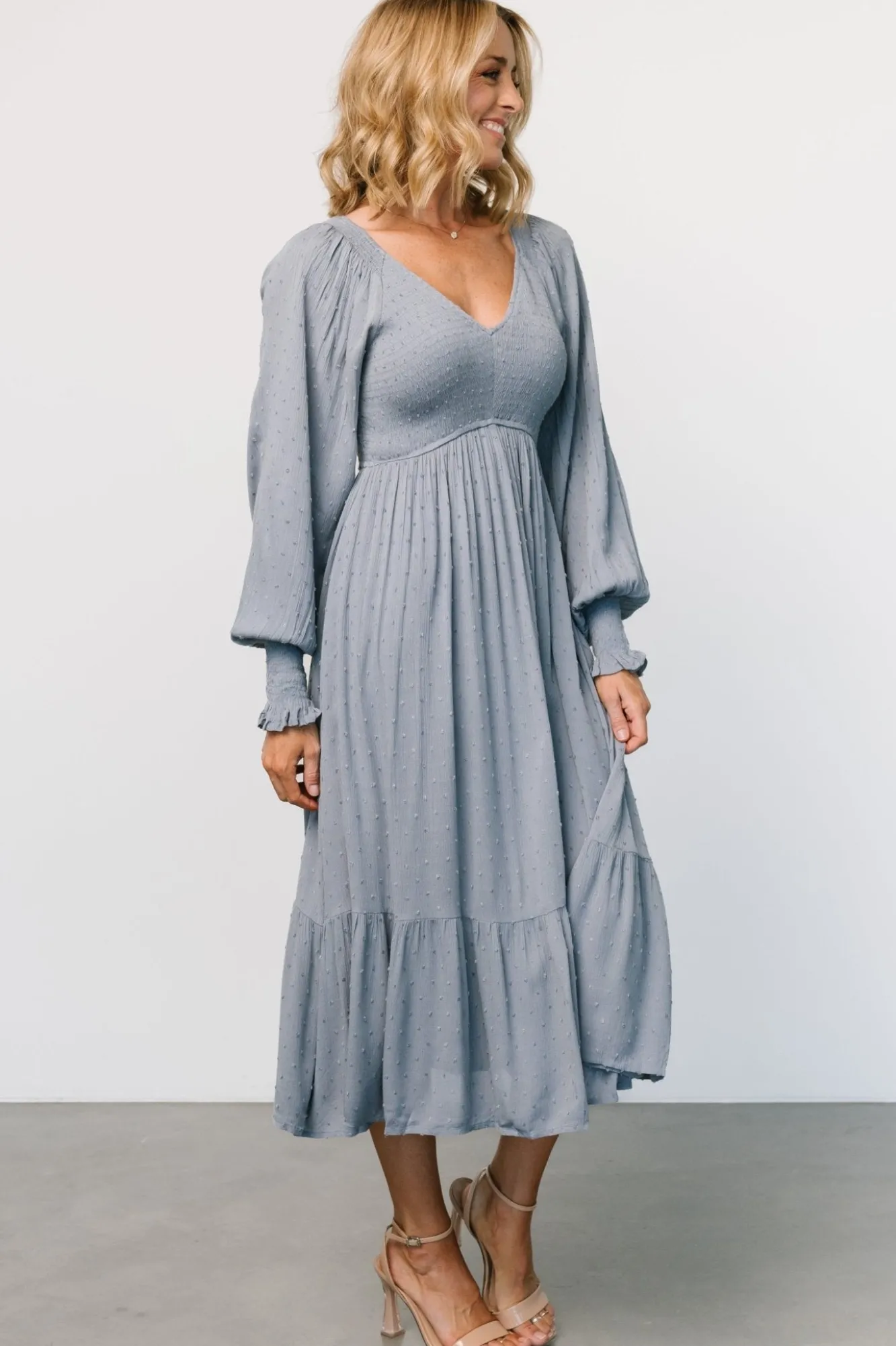 Baltic Born Lainey Smocked Dotted Midi Dress | Dusty Blue