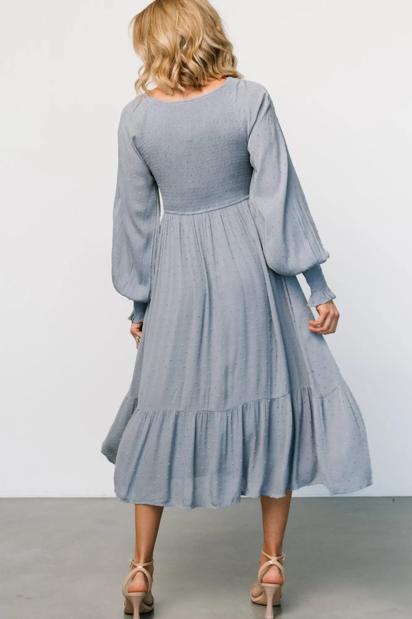 Baltic Born Lainey Smocked Dotted Midi Dress | Dusty Blue