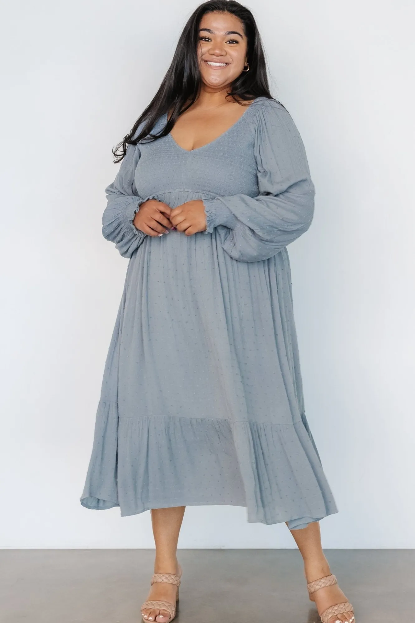 Baltic Born Lainey Smocked Dotted Midi Dress | Dusty Blue