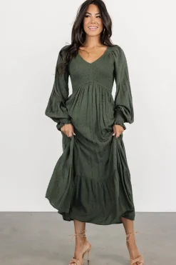 Baltic Born Lainey Smocked Dotted Midi Dress | Deep Olive