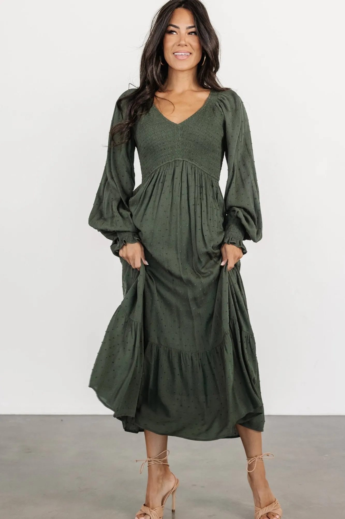 Baltic Born Lainey Smocked Dotted Midi Dress | Deep Olive