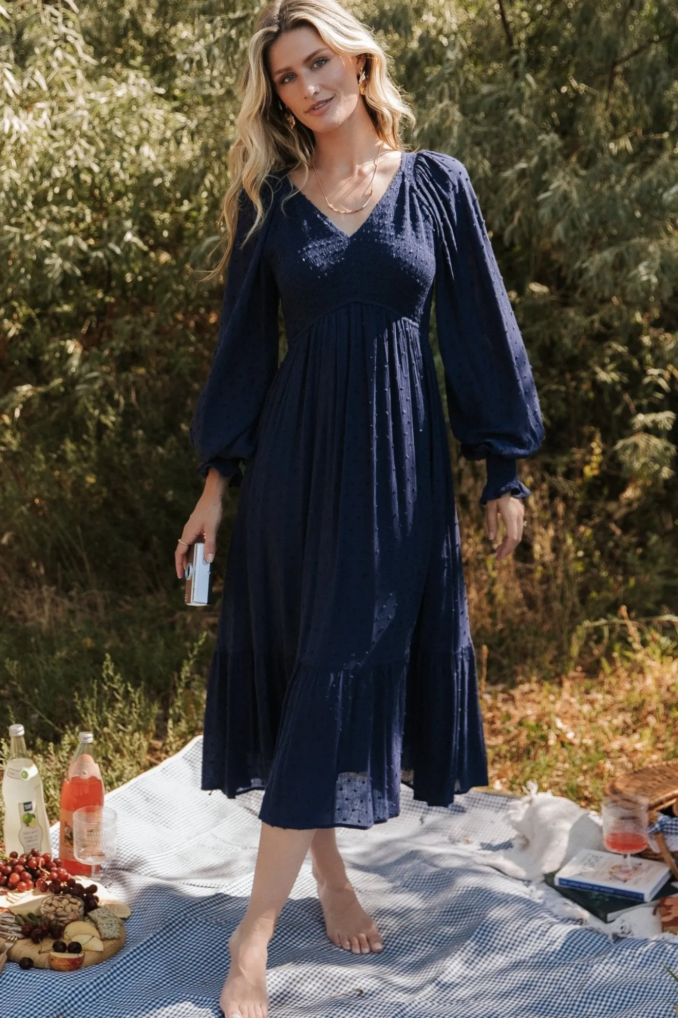 Baltic Born Lainey Smocked Dotted Midi Dress | Midnight Blue