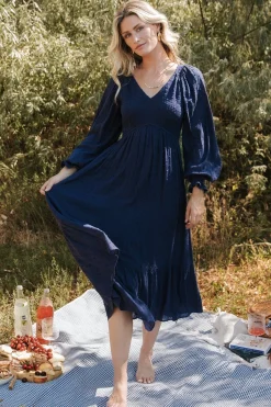 Baltic Born Lainey Smocked Dotted Midi Dress | Midnight Blue