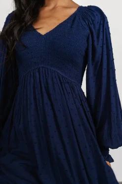 Baltic Born Lainey Smocked Dotted Midi Dress | Midnight Blue