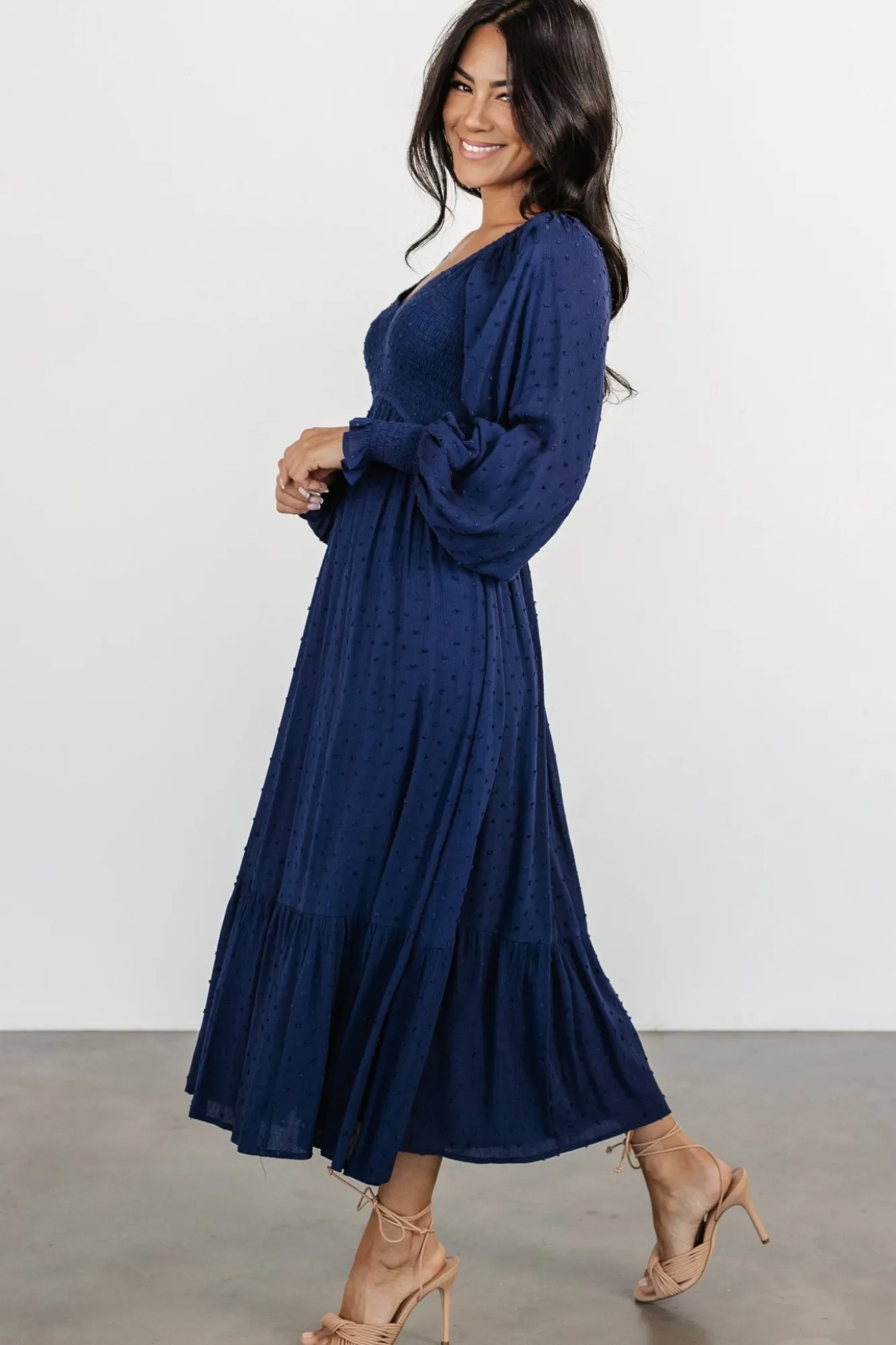 Baltic Born Lainey Smocked Dotted Midi Dress | Midnight Blue