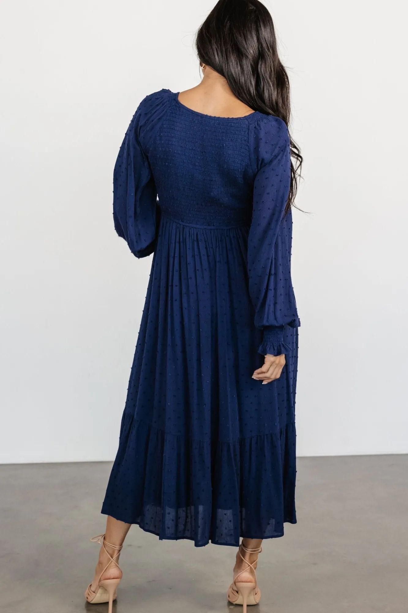 Baltic Born Lainey Smocked Dotted Midi Dress | Midnight Blue