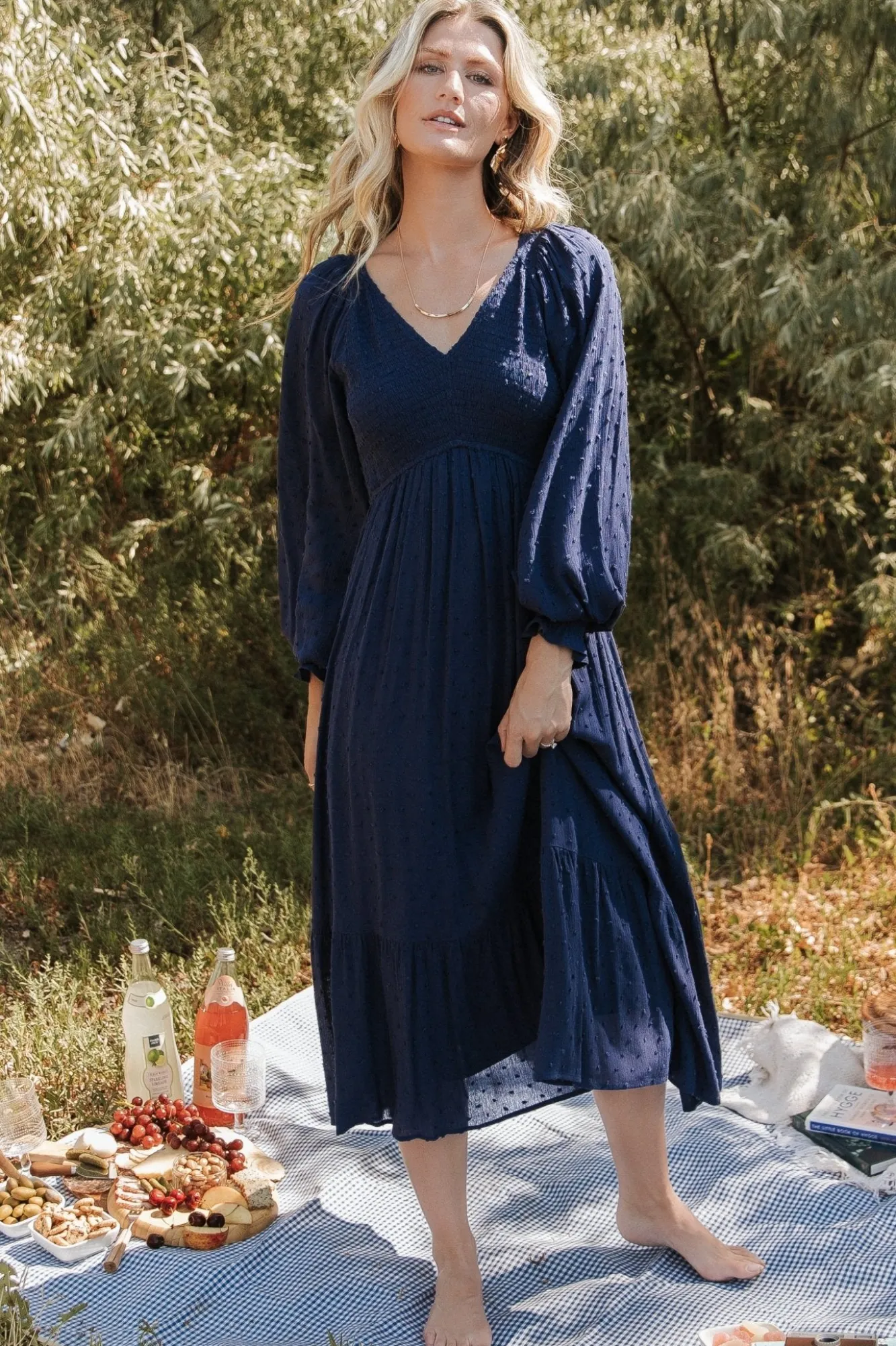 Baltic Born Lainey Smocked Dotted Midi Dress | Midnight Blue