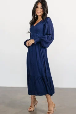 Baltic Born Lainey Smocked Dotted Midi Dress | Midnight Blue