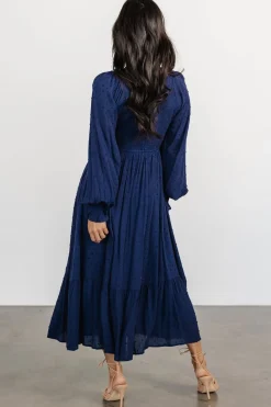 Baltic Born Lainey Smocked Dotted Midi Dress | Midnight Blue