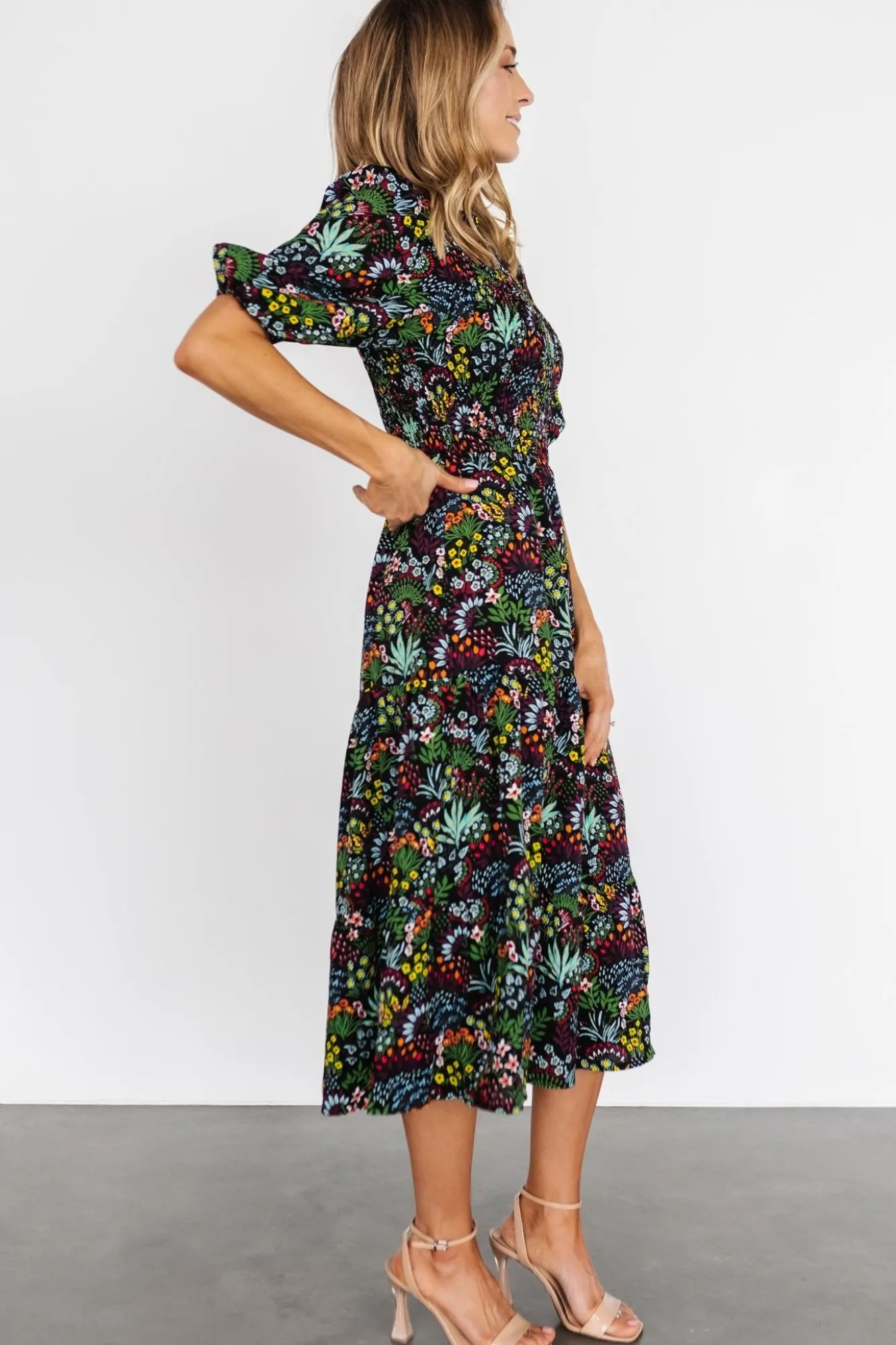 Baltic Born Lena Tiered Midi Dress | Black Multi Floral