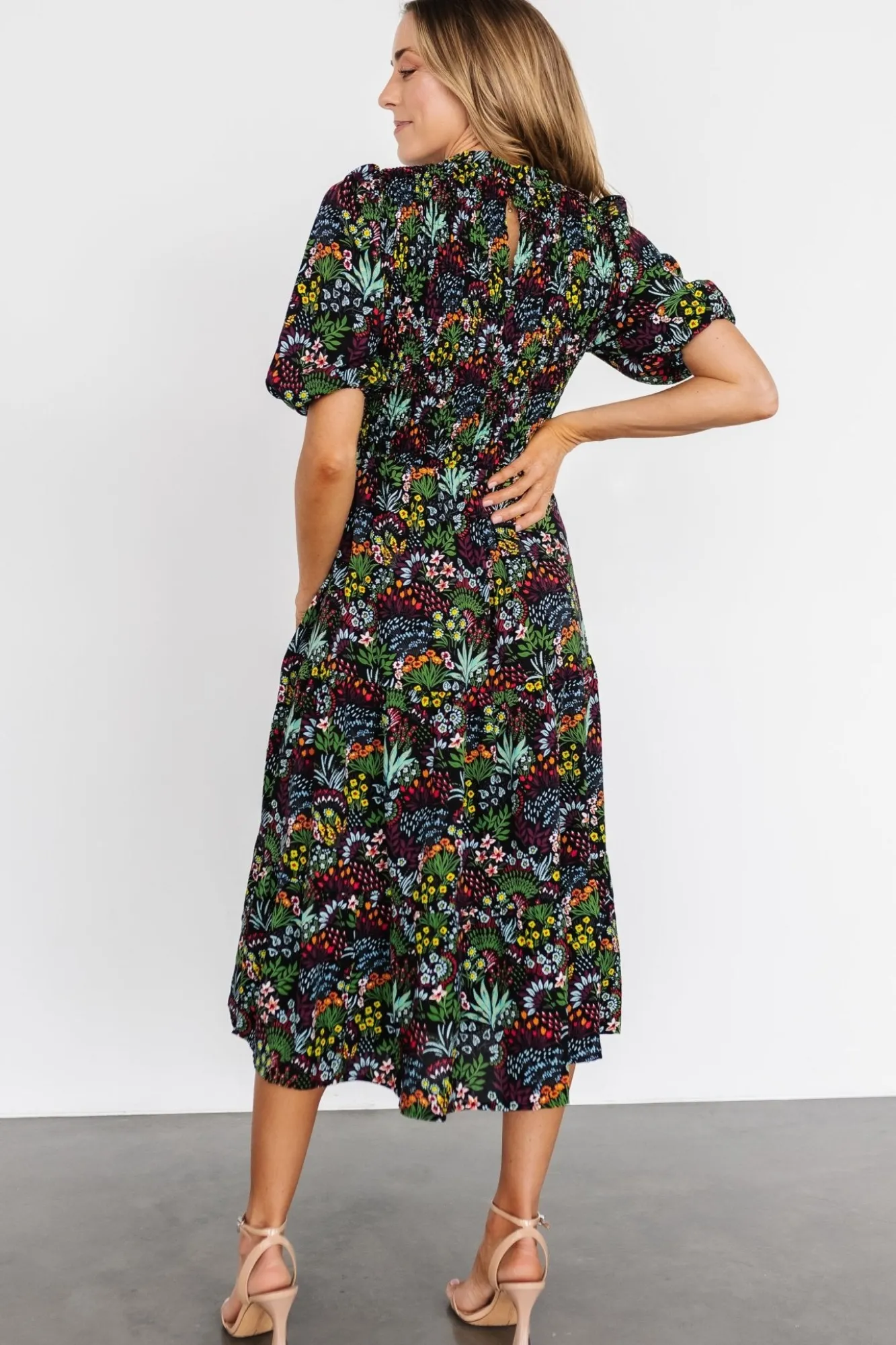 Baltic Born Lena Tiered Midi Dress | Black Multi Floral