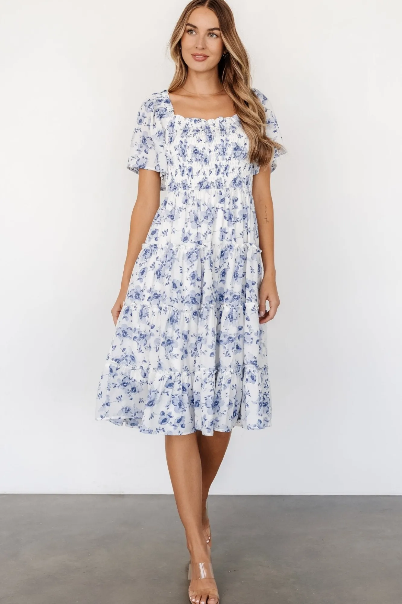 Baltic Born Lilla Tiered Midi Dress | Off-White + Blue Floral