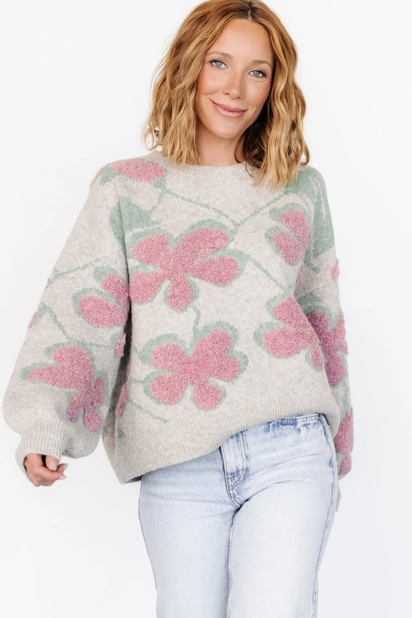 Baltic Born Lisbeth Flower Sweater | Green + Pink