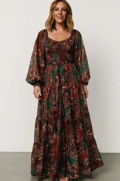 Baltic Born Livia Maxi Dress | Dark Green + Wine Multi